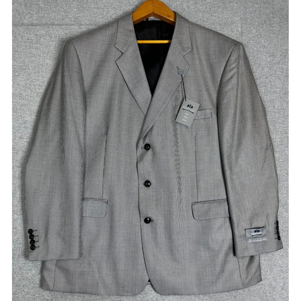 NEW Stafford Executive Sport Coat 48R Black White Microcheck Silk Wool Blazer